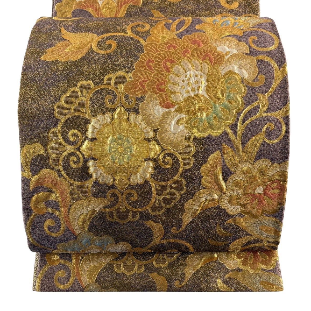 美品】 袋帯 名品 鳳凰 花唐草 金糸 箔 灰紫 六通 正絹｜中古・古着