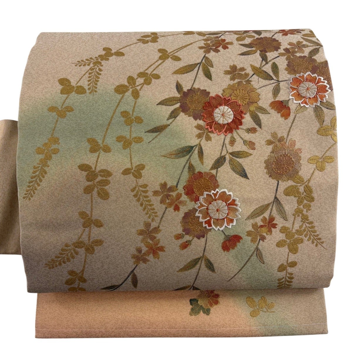 名古屋帯 秀品 関西仕立て 桜 萩 刺繍 金糸 薄茶色 正絹｜中古・古着