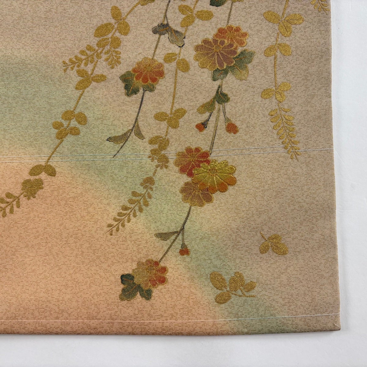 名古屋帯 秀品 関西仕立て 桜 萩 刺繍 金糸 薄茶色 正絹｜中古・古着