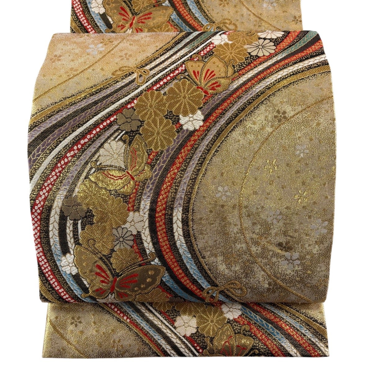 30%OFF 【美品】 袋帯 秀品 霞流水唐草文 金糸 箔 金色 六通 正絹 K30