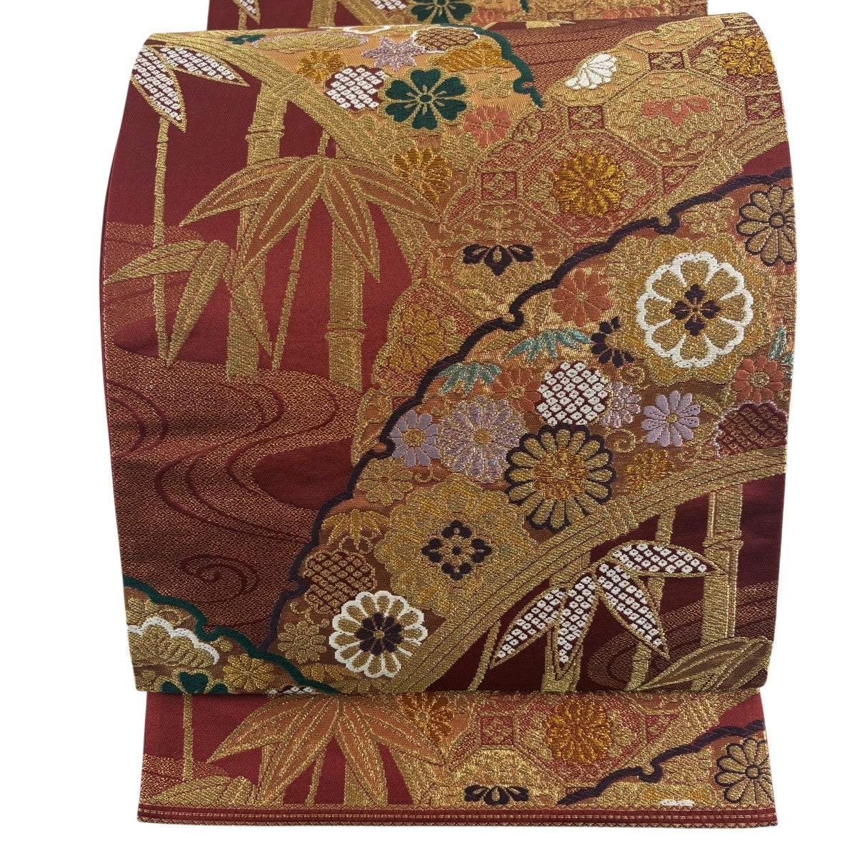 袋帯 秀品 華文 青海波 金糸 箔 灰緑 六通 正絹｜中古・古着