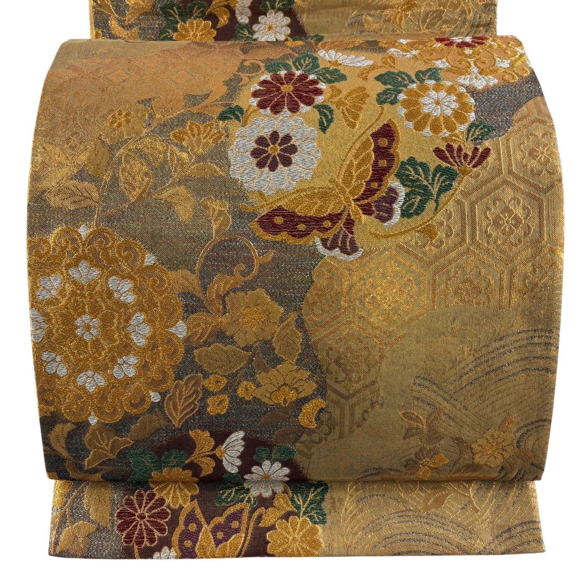美品】 袋帯 秀品 振袖向き 草花 蝶 金糸 箔 金色 六通 正絹｜中古