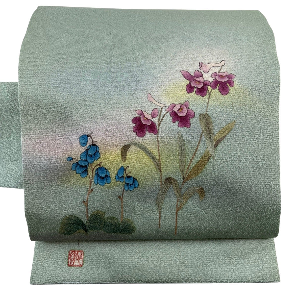 名古屋帯 秀品 夏帯 八寸名古屋帯 絽 草花 銀糸 薄緑 正絹｜中古・古着