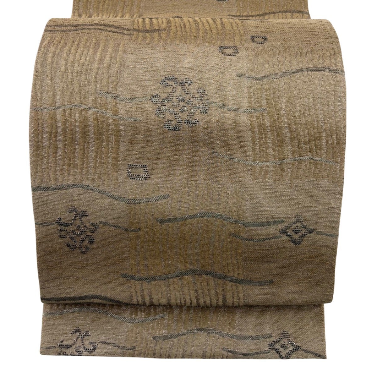 美品】 袋帯 秀品 縞 幾何学模様 金糸 茶色 六通 正絹｜中古・古着