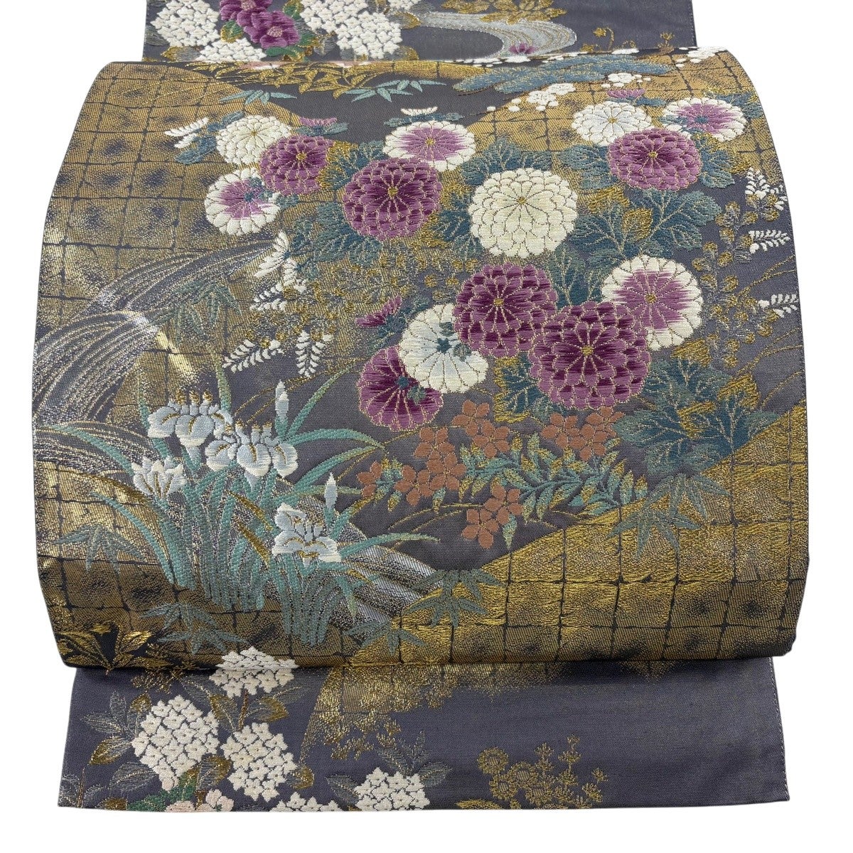 美品】 袋帯 逸品 帝王紫 落款あり 鴛鴦 松 金銀糸 箔 クリーム お太鼓
