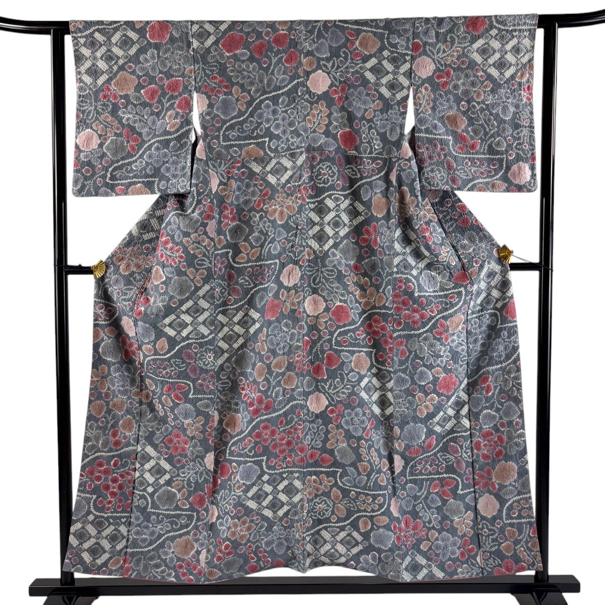 美品】 小紋 身丈152.5cm 裄丈63cm S 袷 紬地 縦縞 幾何学 絞り 灰色
