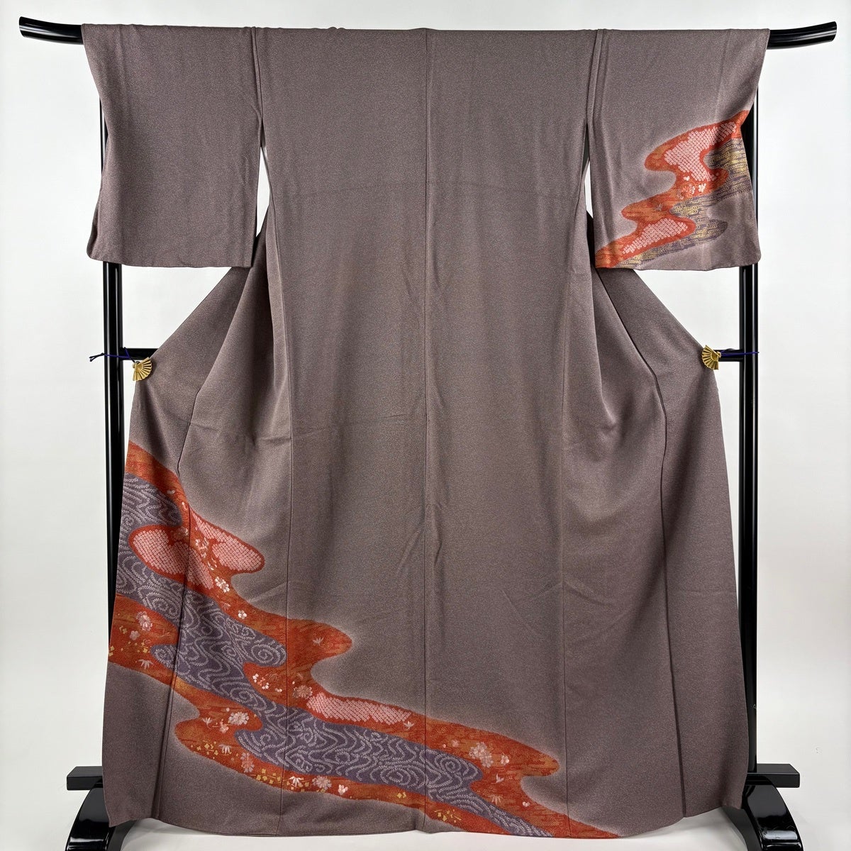 30%OFF 訪問着 身丈165cm 裄丈68.5cm L 袷 草花 幾何学 絞り 金彩 茶色