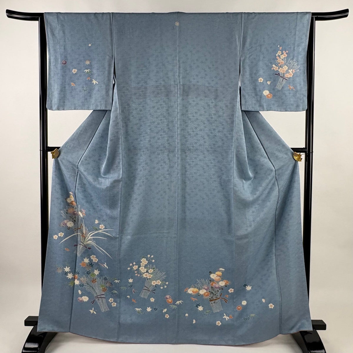 付下げ 身丈166cm 裄丈64.5cm M 袷 花束 地紋 水色 正絹 優品 一つ紋