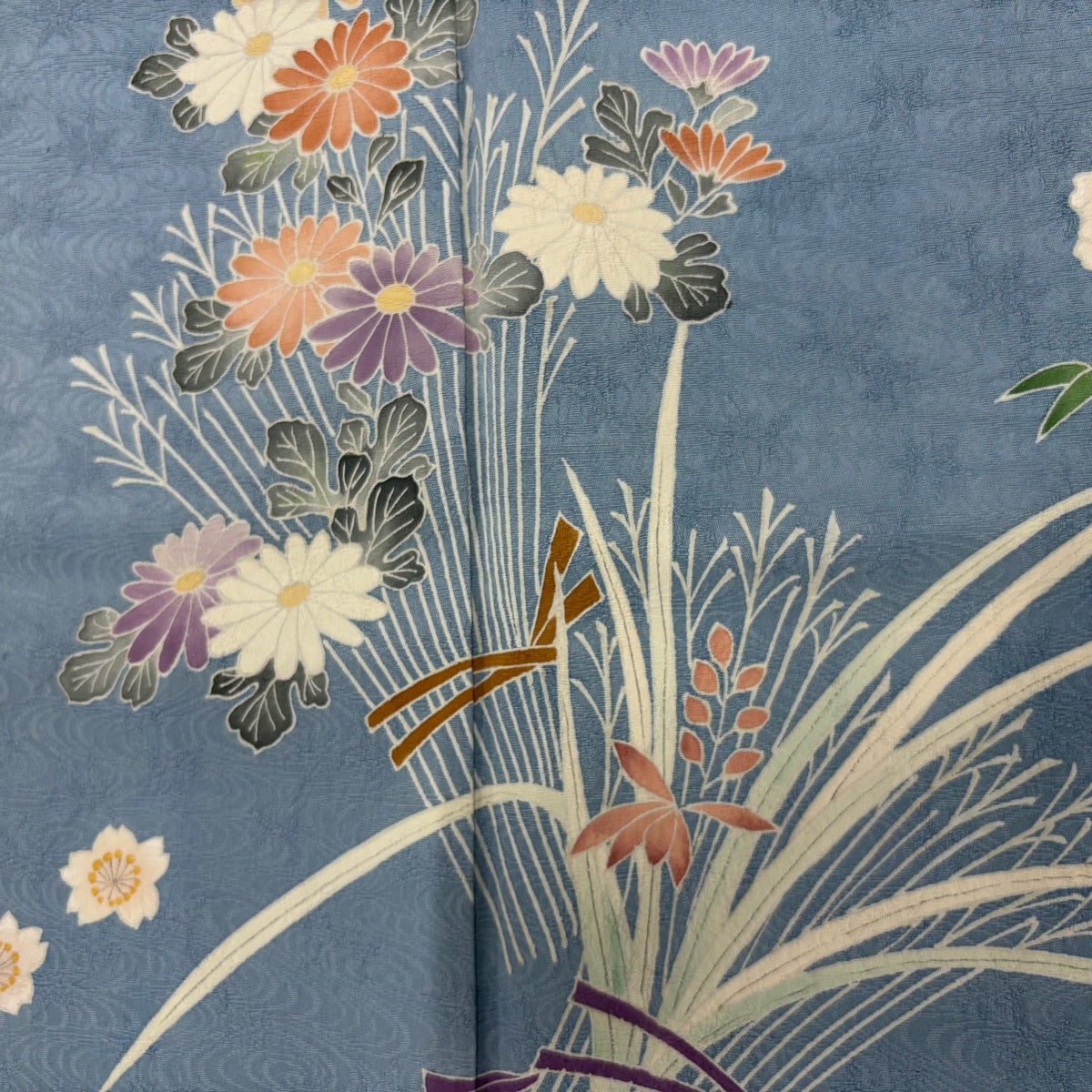 付下げ 身丈166cm 裄丈64.5cm M 袷 花束 地紋 水色 正絹 優品 一つ紋