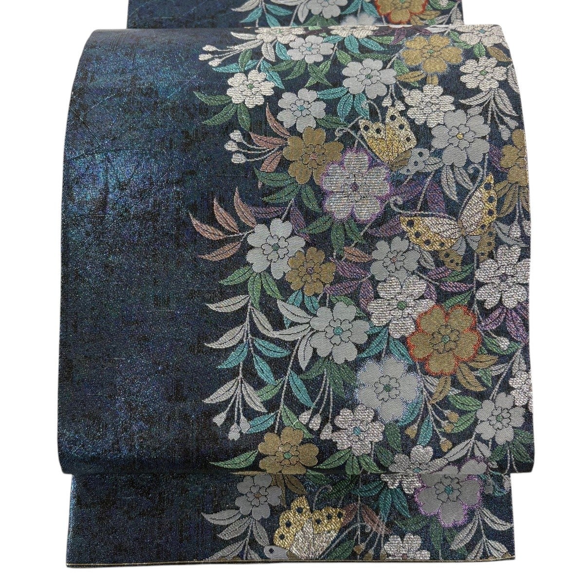 美品】 袋帯 秀品 草花 蝶 金銀糸 箔 青緑 六通 正絹｜中古・古着