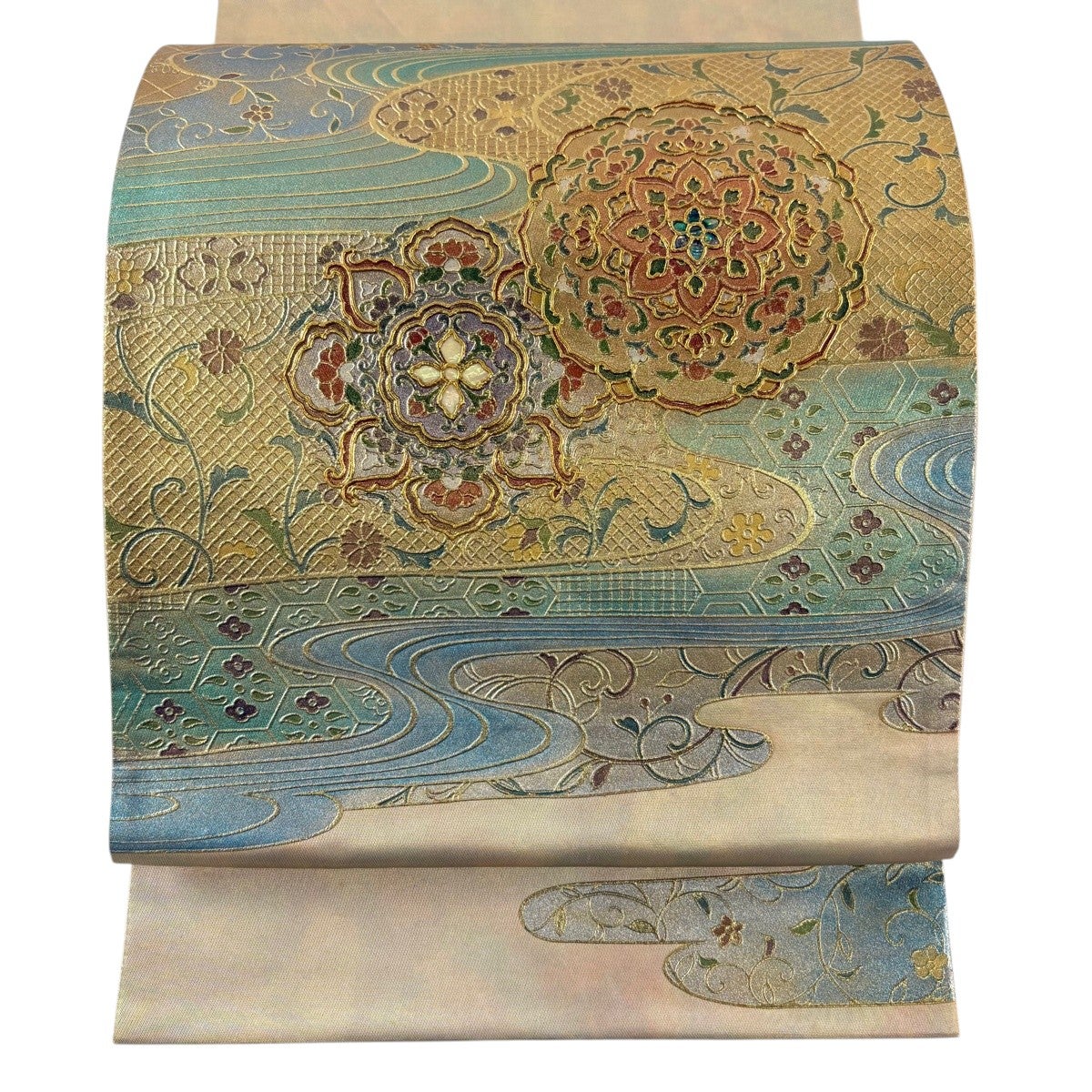 袋帯 秀品 華文 流水 螺鈿 金彩 金色 お太鼓柄 正絹｜中古・古着