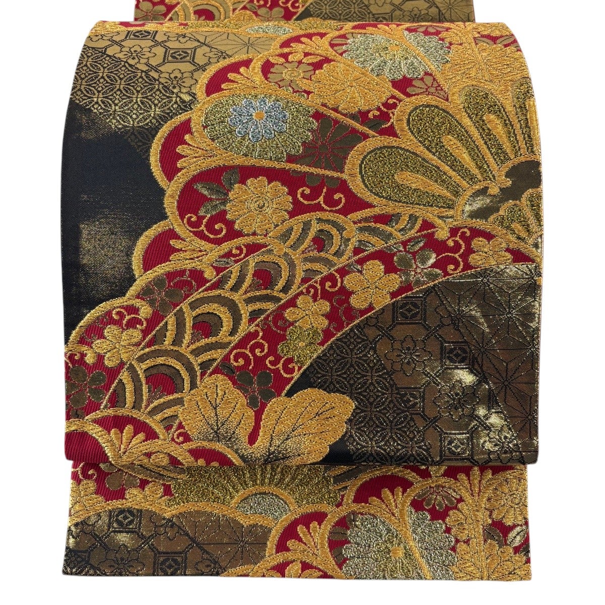 美品】 袋帯 秀品 菊 梅唐草 金糸 箔 金茶 六通 正絹｜中古・古着