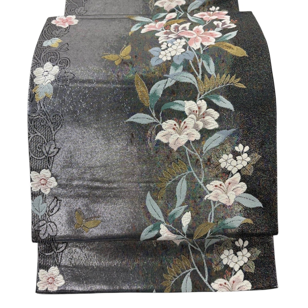 美品】 袋帯 秀品 関西仕立て 花物語 花ことば 草花 蝶 金糸 唐織 銀色