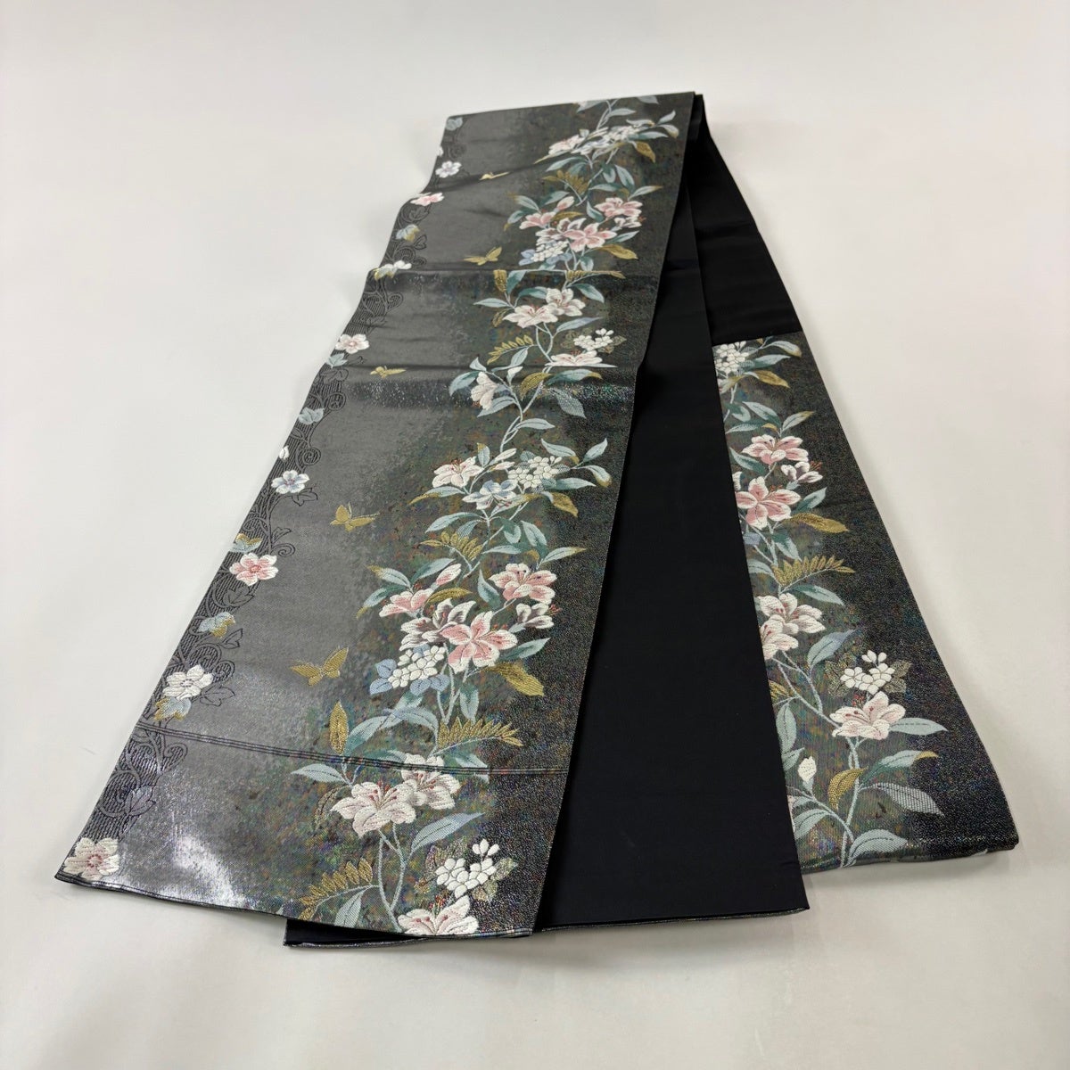 美品】 袋帯 秀品 関西仕立て 花物語 花ことば 草花 蝶 金糸 唐織 銀色