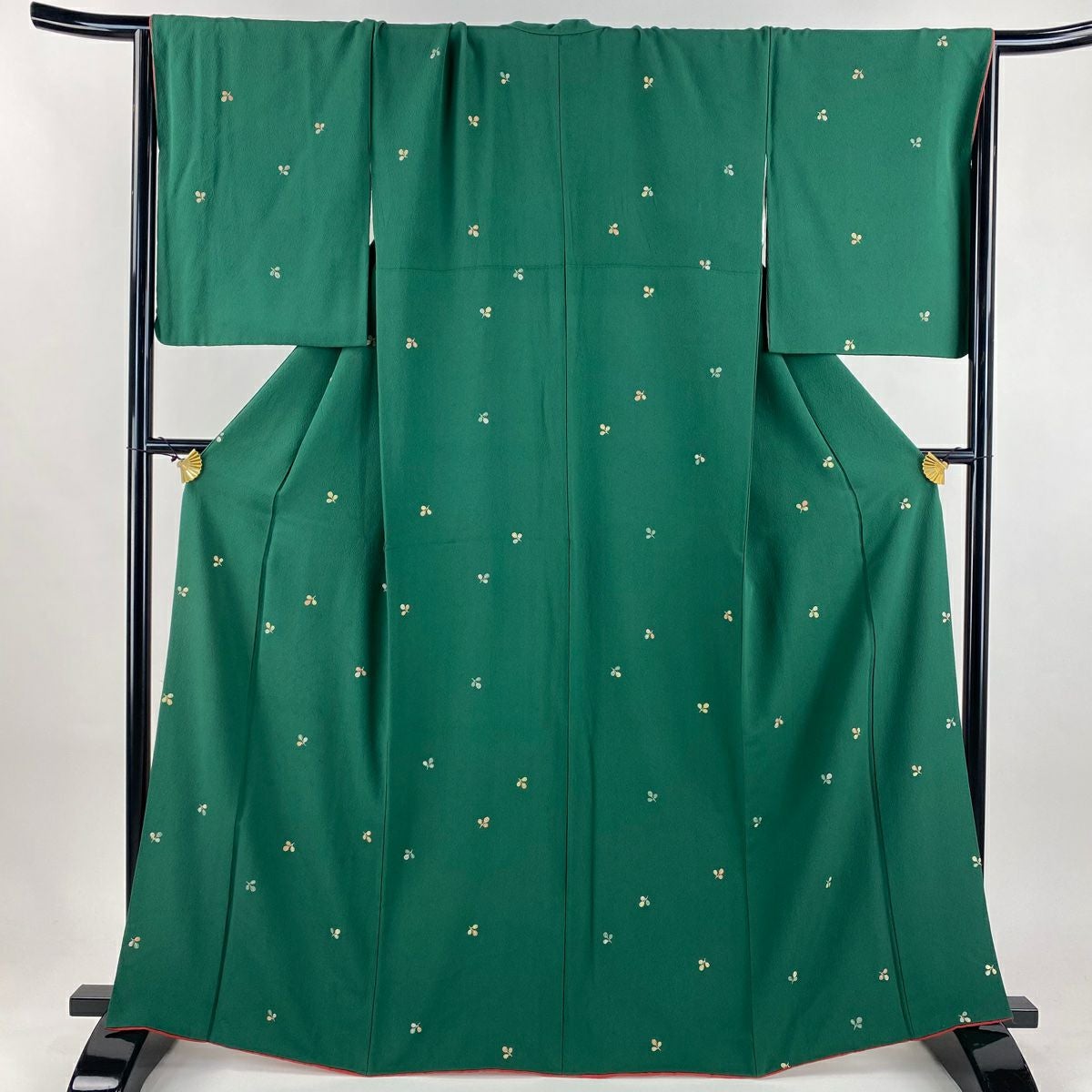 小紋 身丈162.5cm 裄丈66.5cm M 袷 源氏香 刺繍 縮緬 深緑 正絹 秀品