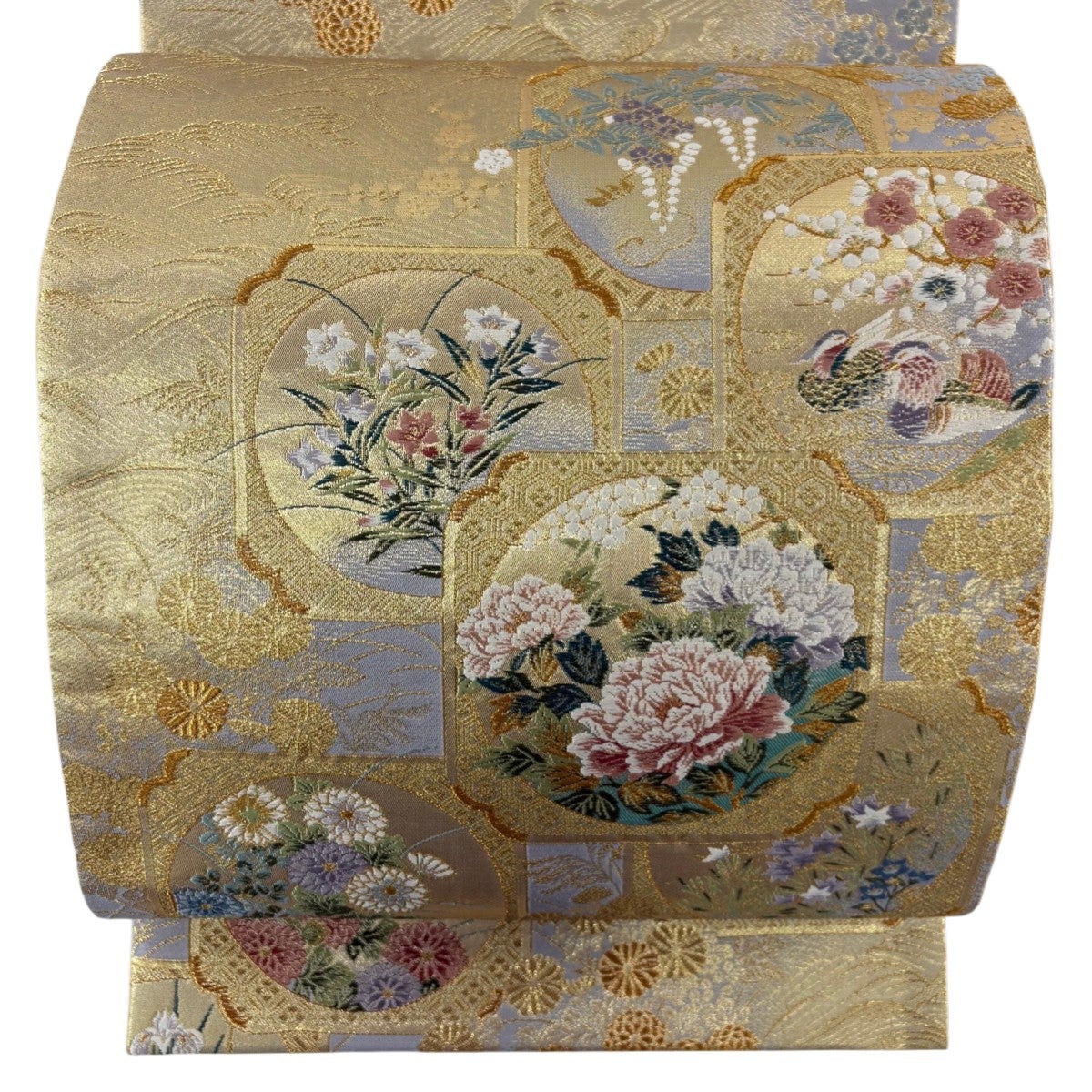 美品】 袋帯 秀品 花丸文 鴛鴦 金糸 箔 薄紫 六通 正絹｜中古・