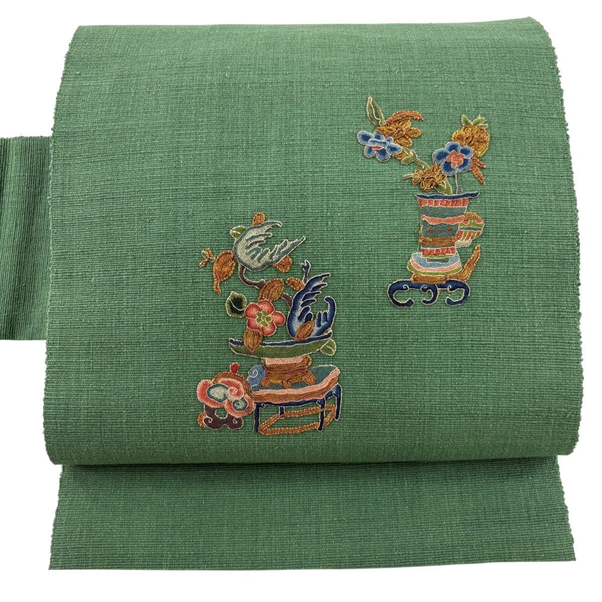 名古屋帯 秀品 紬地 八寸名古屋帯 枝花 器物 刺繍 金糸 緑 正絹｜中古