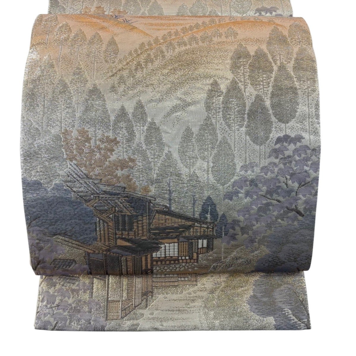 袋帯 秀品 本金箔 古都 建物 樹木 金糸 箔 金色 お太鼓柄 正絹｜中古