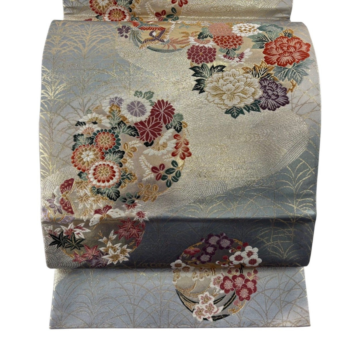 袋帯 秀品 振袖向き 花丸文 橘 金銀糸 唐織 緑 六通 正絹｜中古・古着