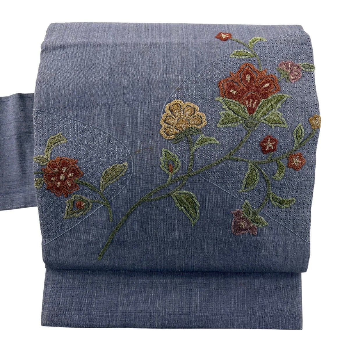 名古屋帯 秀品 紬地 草花 相良刺繍 ぼかし 茶色 正絹｜中古・古着