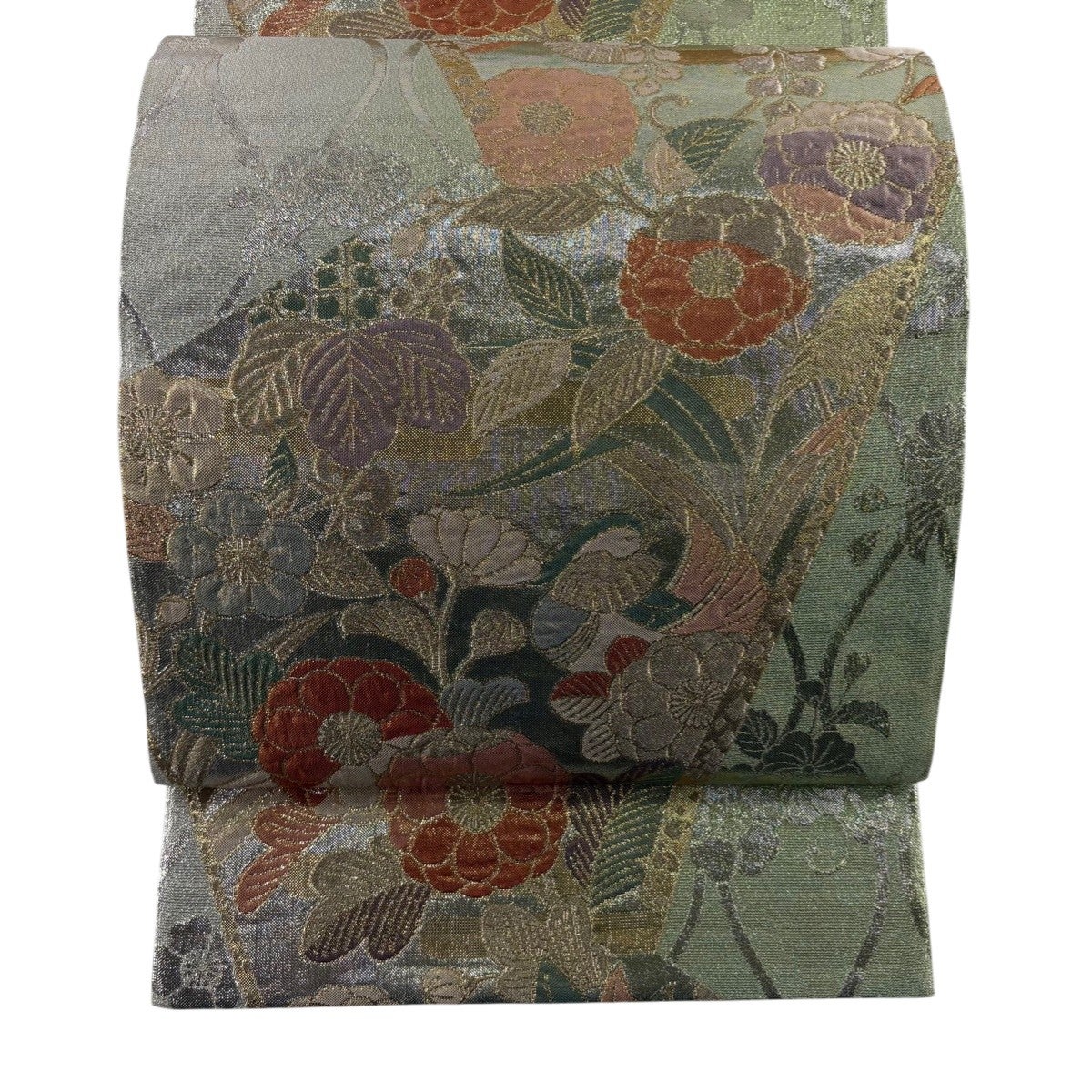 美品】 袋帯 秀品 向かい鳥 草花 金銀糸 刺繍 灰緑 全通 正絹｜中古