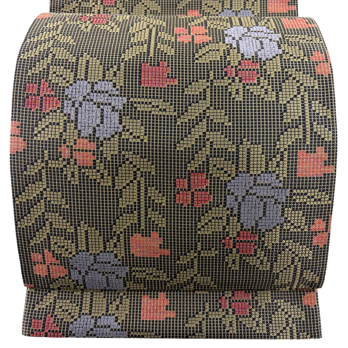 美品】 袋帯 名品 草花 格子 ラメ糸 茶緑色 六通 正絹｜中古・古着