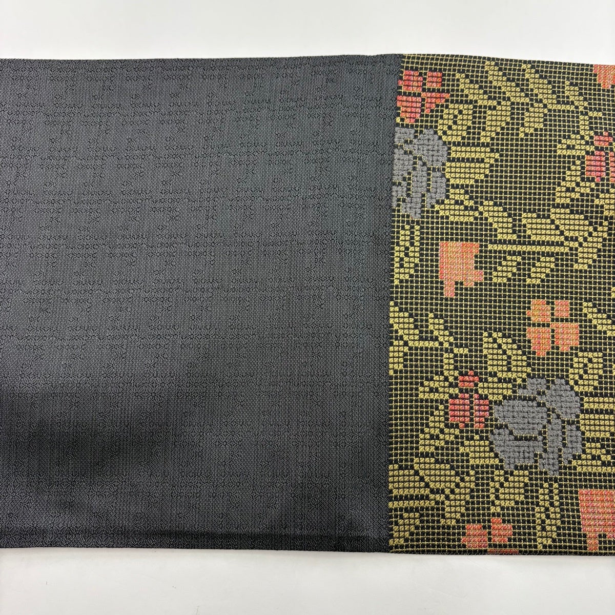 美品】 袋帯 名品 草花 格子 ラメ糸 茶緑色 六通 正絹｜中古・古着