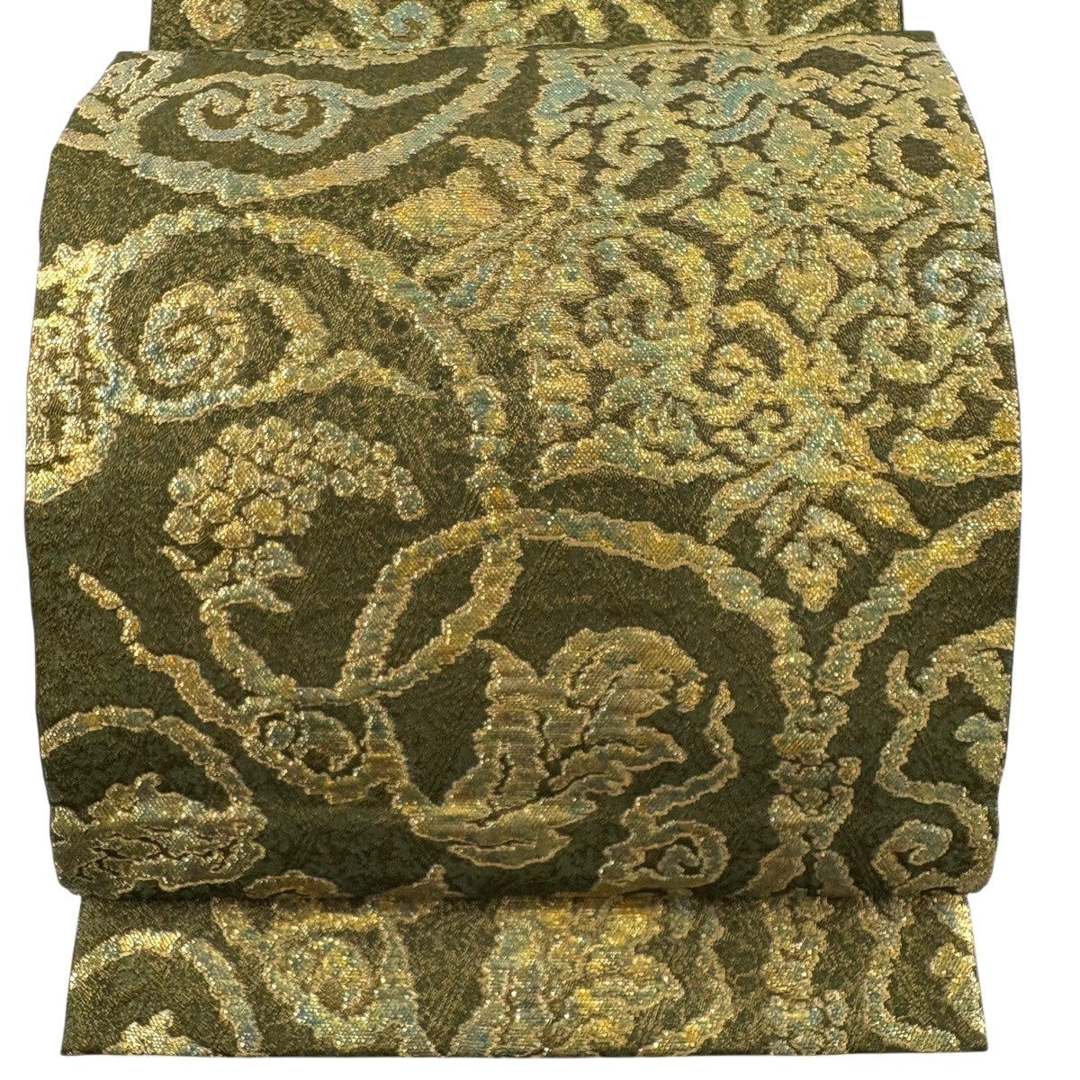 美品】 袋帯 名品 華文 葡萄唐草 金糸 箔 鶯色 六通 正絹｜中古・古着