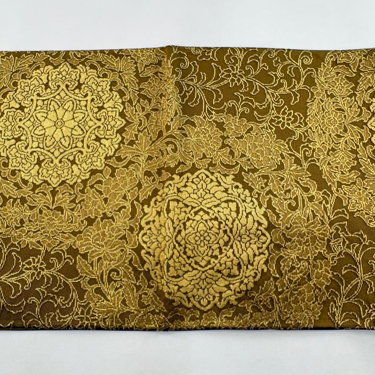 美品】 袋帯 名品 華文 花唐草 箔 黄土色 六通 正絹｜中古・古着