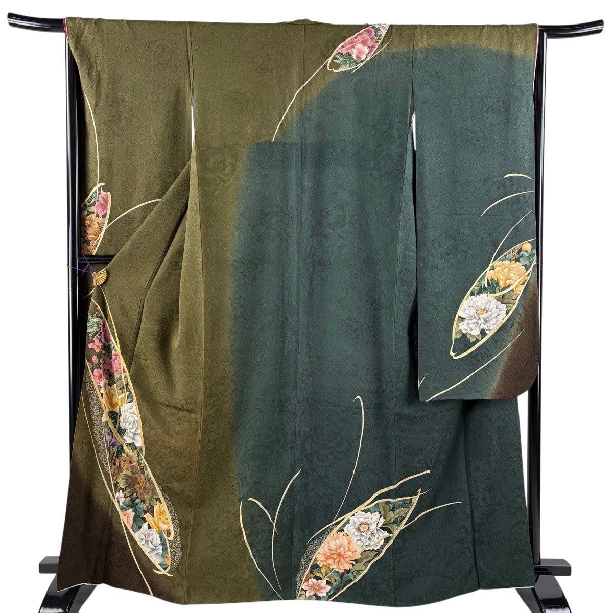 振袖 身丈164.5cm 裄丈65cm M 袷 草花 箔 金彩 茶緑色 正絹 秀品｜中古
