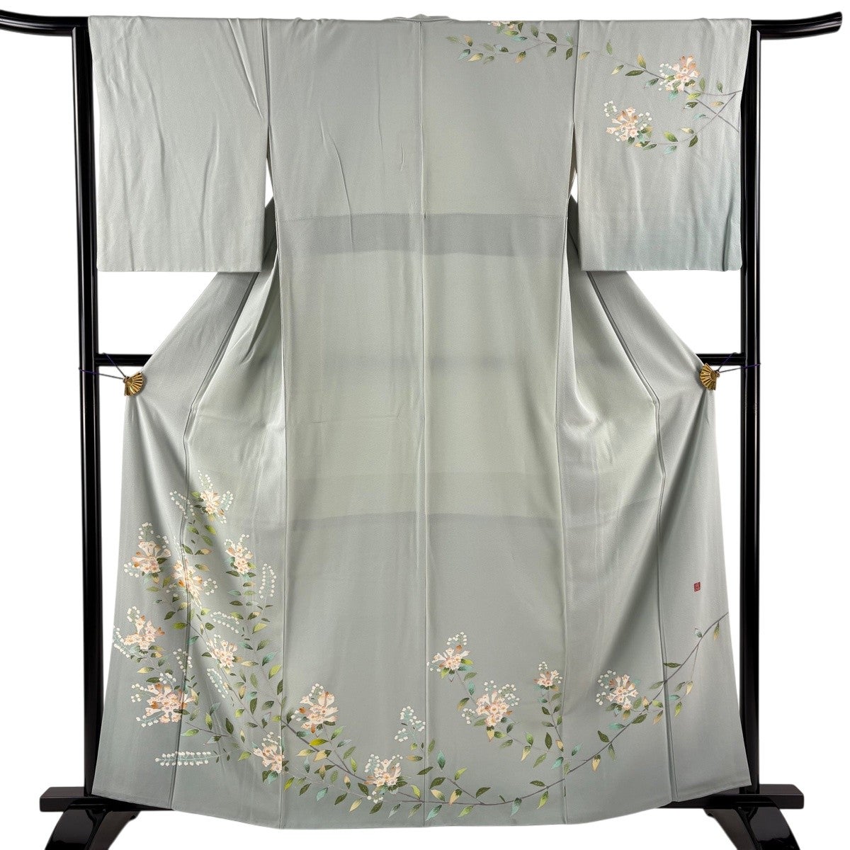 訪問着 身丈153cm 裄丈64.5cm M 袷 枝花 草花 ぼかし 灰緑 正絹 秀品 