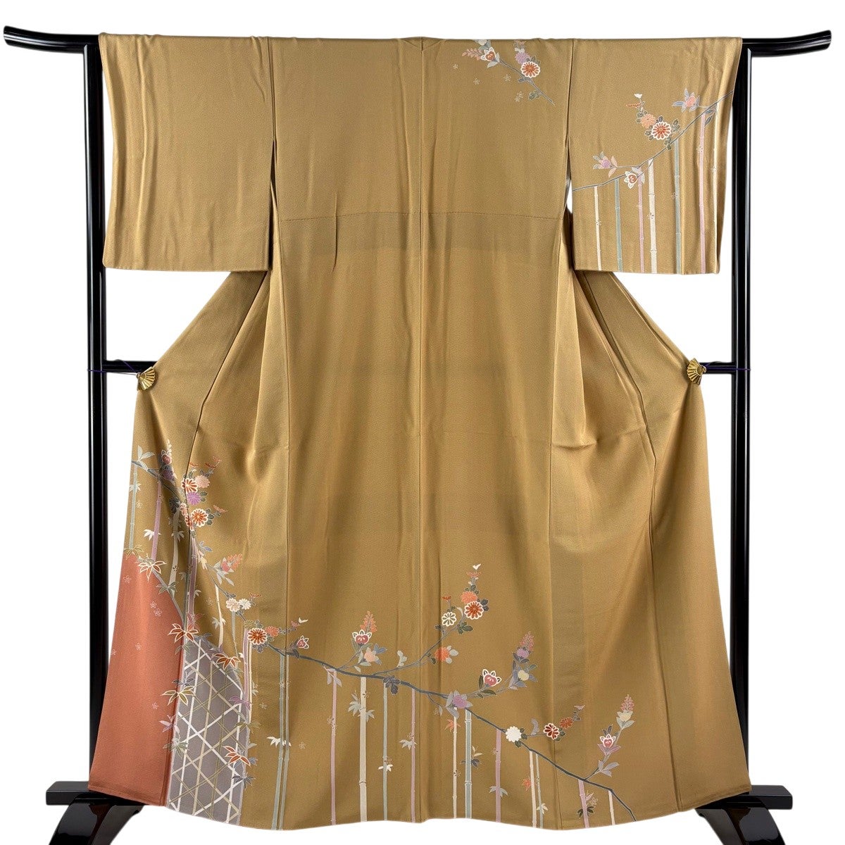 訪問着 身丈164.5cm 裄丈67cm M 袷 草花 藤 絞り 金彩 抹茶色 正絹 秀