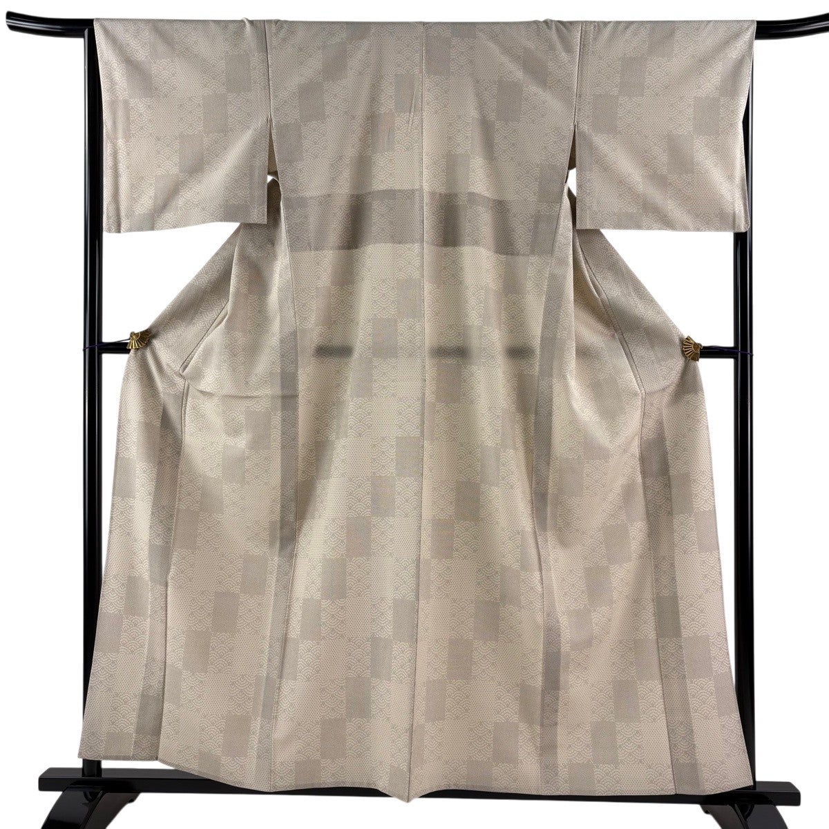 美品】 紬 身丈163cm 裄丈63cm S 単衣 変わり市松 灰緑 正絹 秀品