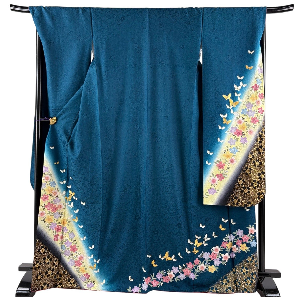 振袖 身丈164.5cm 裄丈69cm L 袷 牡丹 菊 金彩 ぼかし 深緑 正絹 秀品