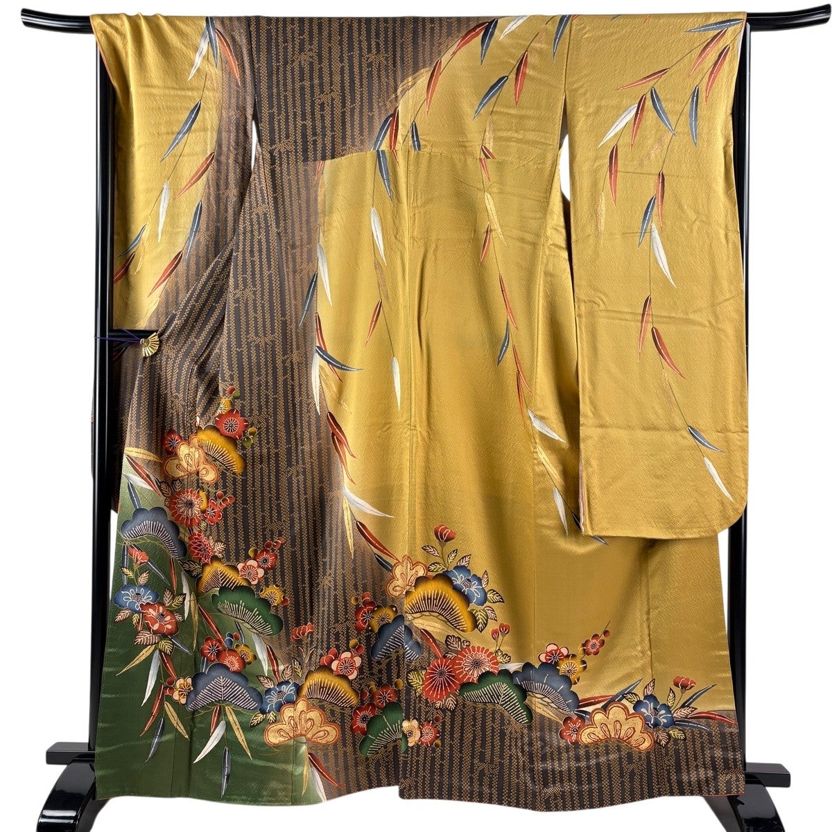 美品】 振袖 身丈161.5cm 裄丈67cm L 袷 牡丹 草花 箔 山吹色 正絹 秀