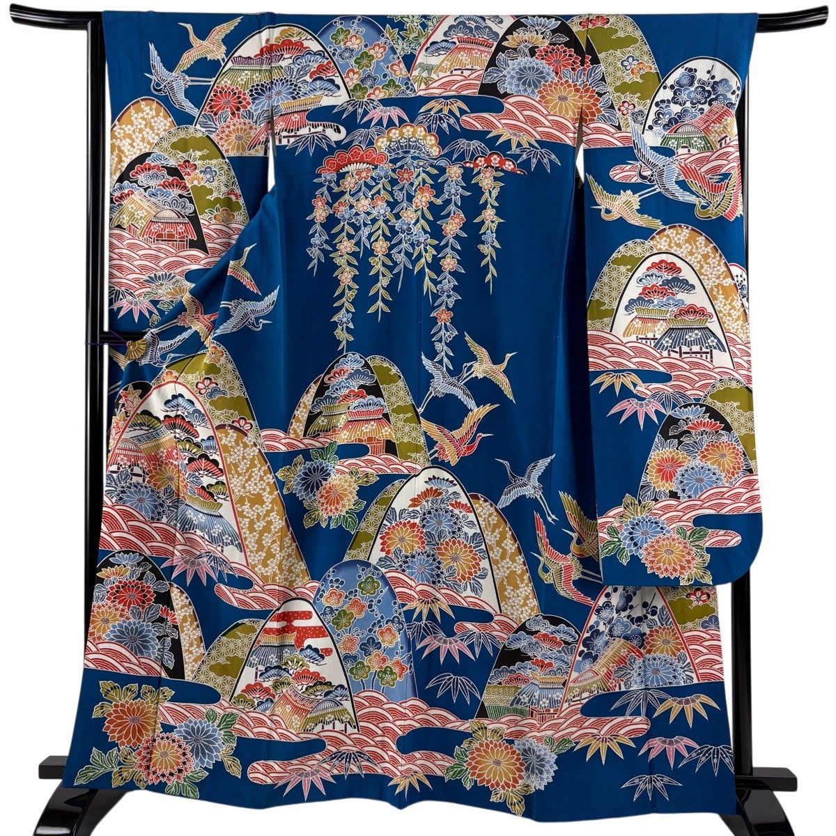 振袖 身丈161cm 裄丈64.5cm M 袷 扇 松竹梅 金糸 金彩 青緑 正絹 秀品