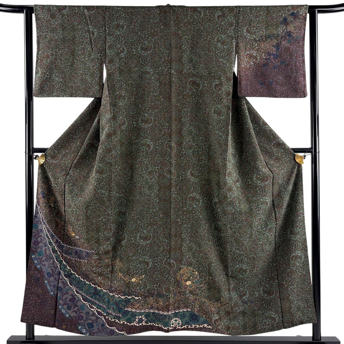 美品】 付下げ 身丈154cm 裄丈62.5cm S 袷 紬地 草花 縦縞 金彩 黄土色