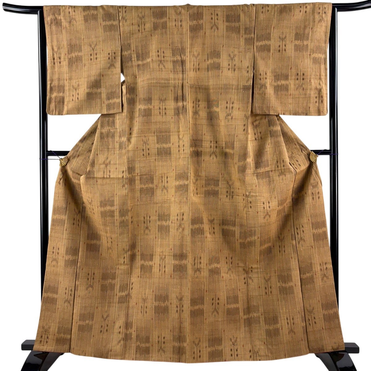 紬 身丈163.5cm 裄丈64cm M 袷 縞 幾何学模様 茶色 正絹 秀品｜中古
