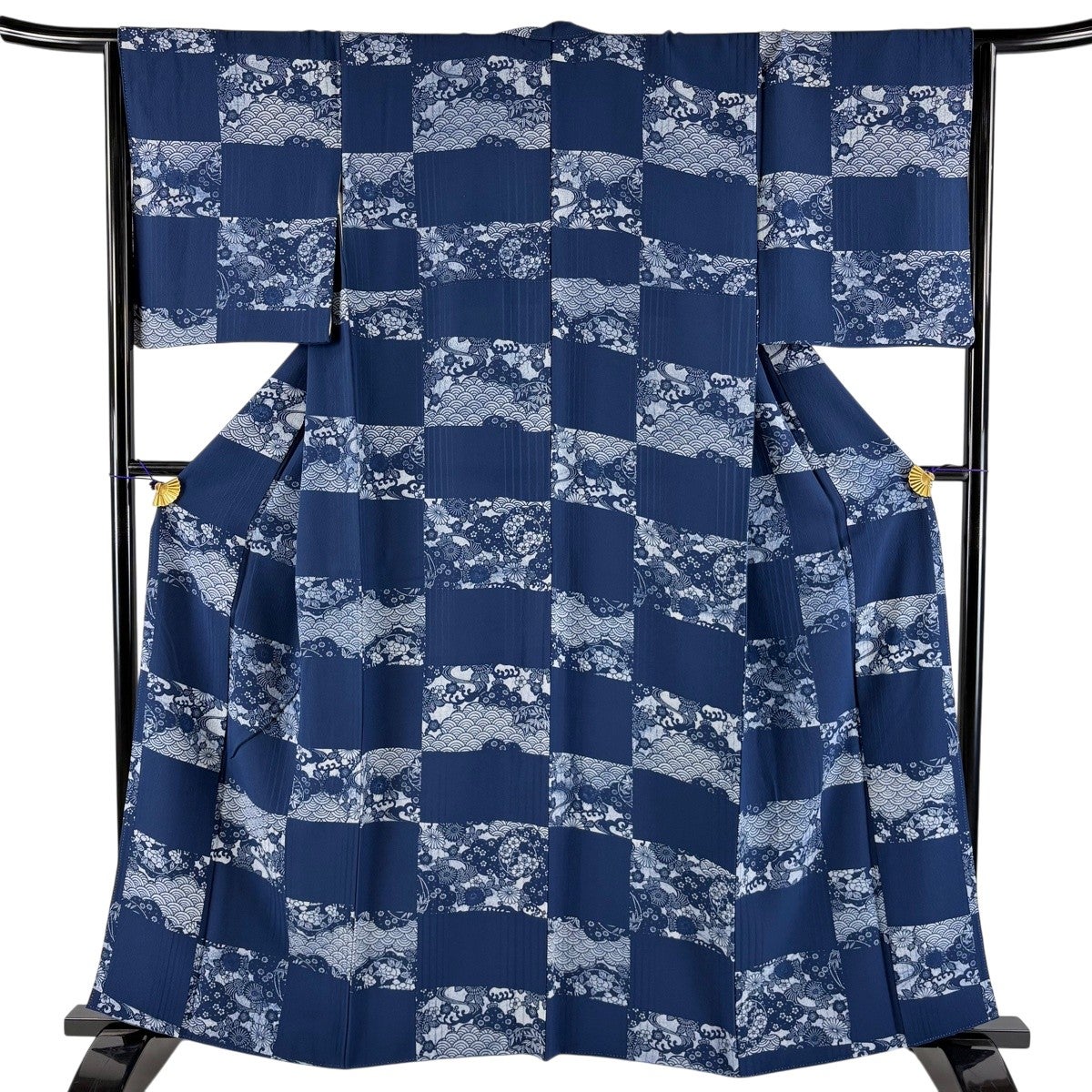 小紋 身丈161cm 裄丈64.5cm M 袷 草花 青海波 藍色 正絹 秀品｜中古