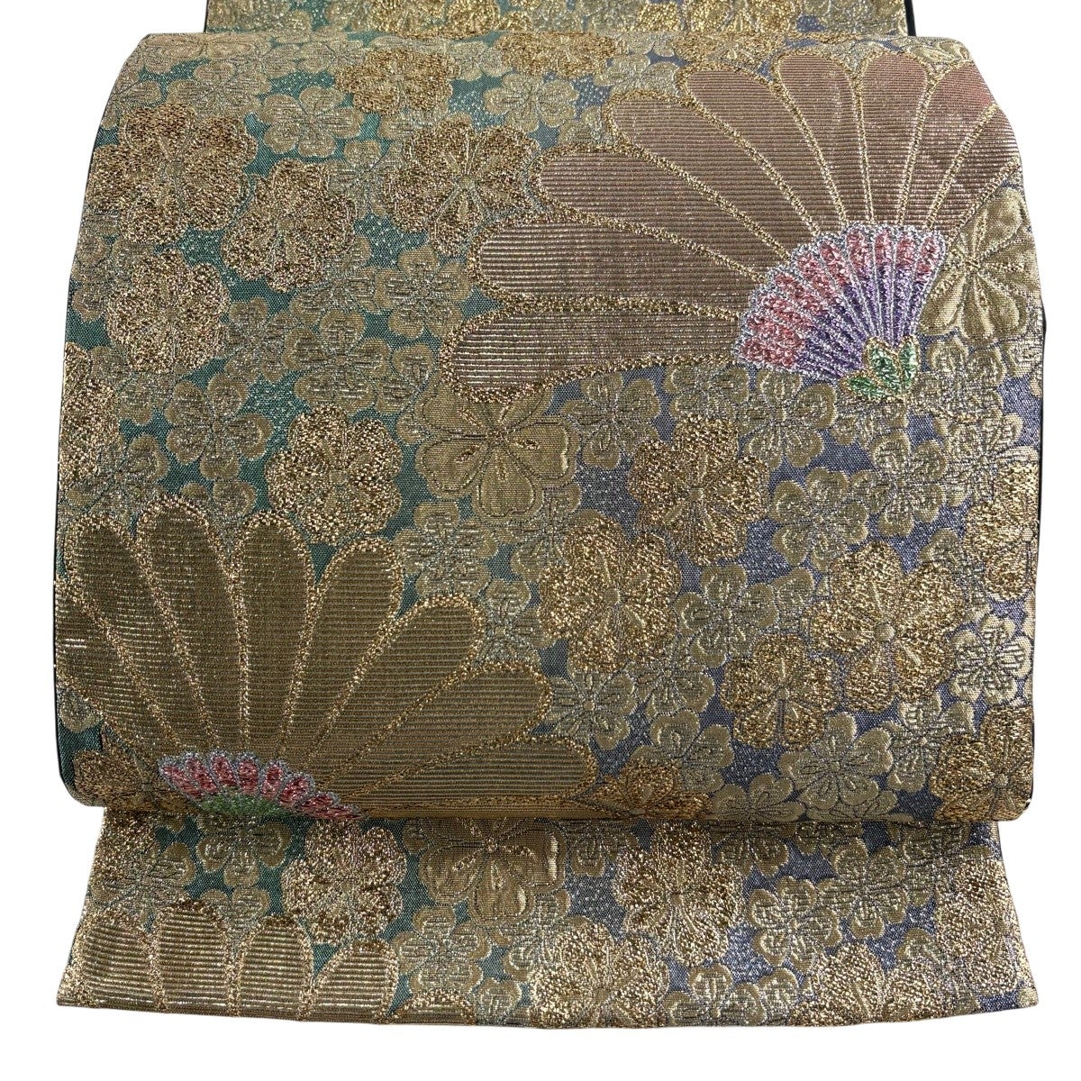 袋帯 美品 秀品 やまと 振袖向き 桜 扇 金糸 箔 紫 六通 正絹 【中古 