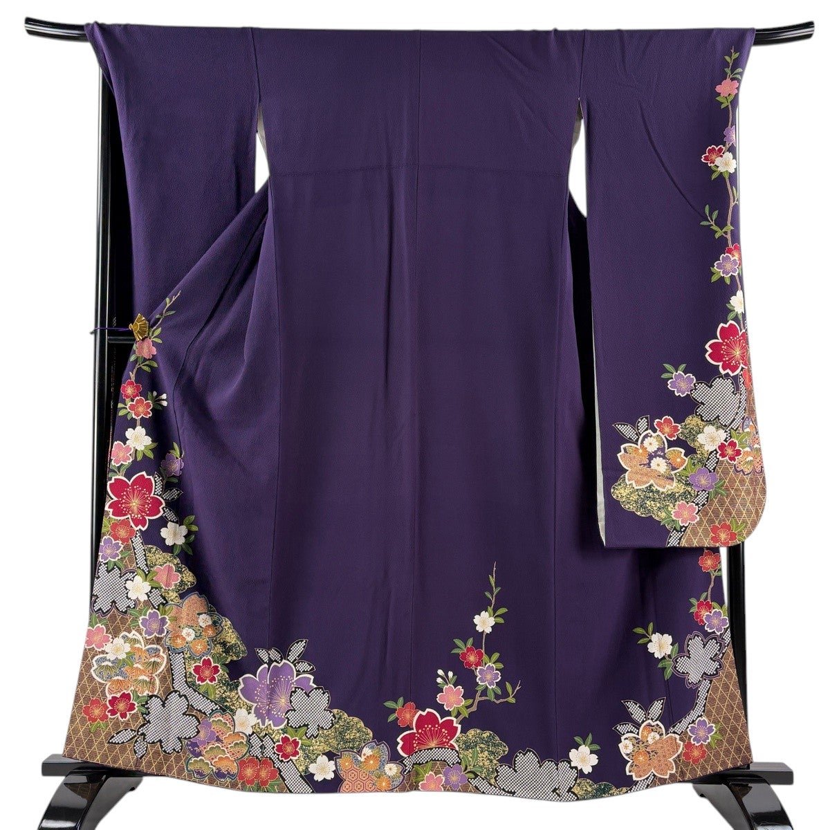 振袖 身丈161cm 裄丈70.5cm L 袷 やまと 桜 籠目 金彩 濃紫 正絹 秀品