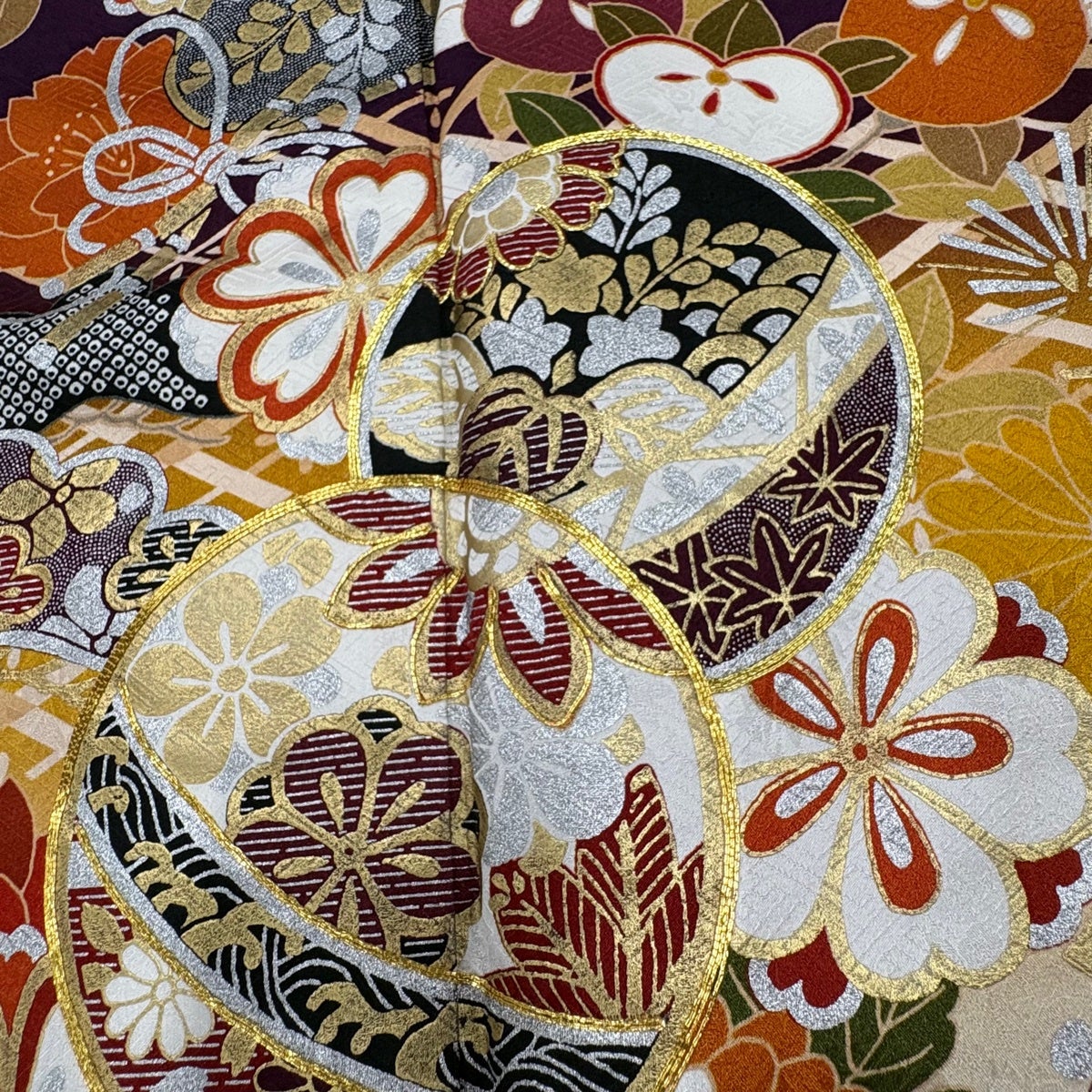 振袖 身丈170.5cm 裄丈69cm L 袷 手鞠 草花 金糸 金銀彩 紫 正絹 秀品