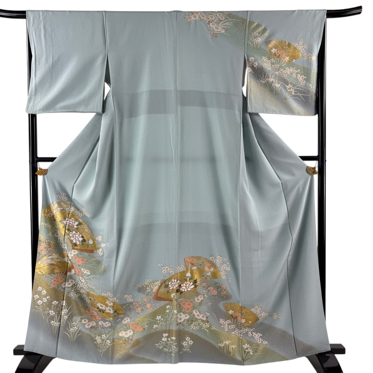 振袖フルセット袷 藤 草花 金糸 金彩 灰緑 正絹 訪問着 身丈163.5cm 裄丈67cm M 袷 扇 花鳥 金糸 金彩 水色 正絹 秀品