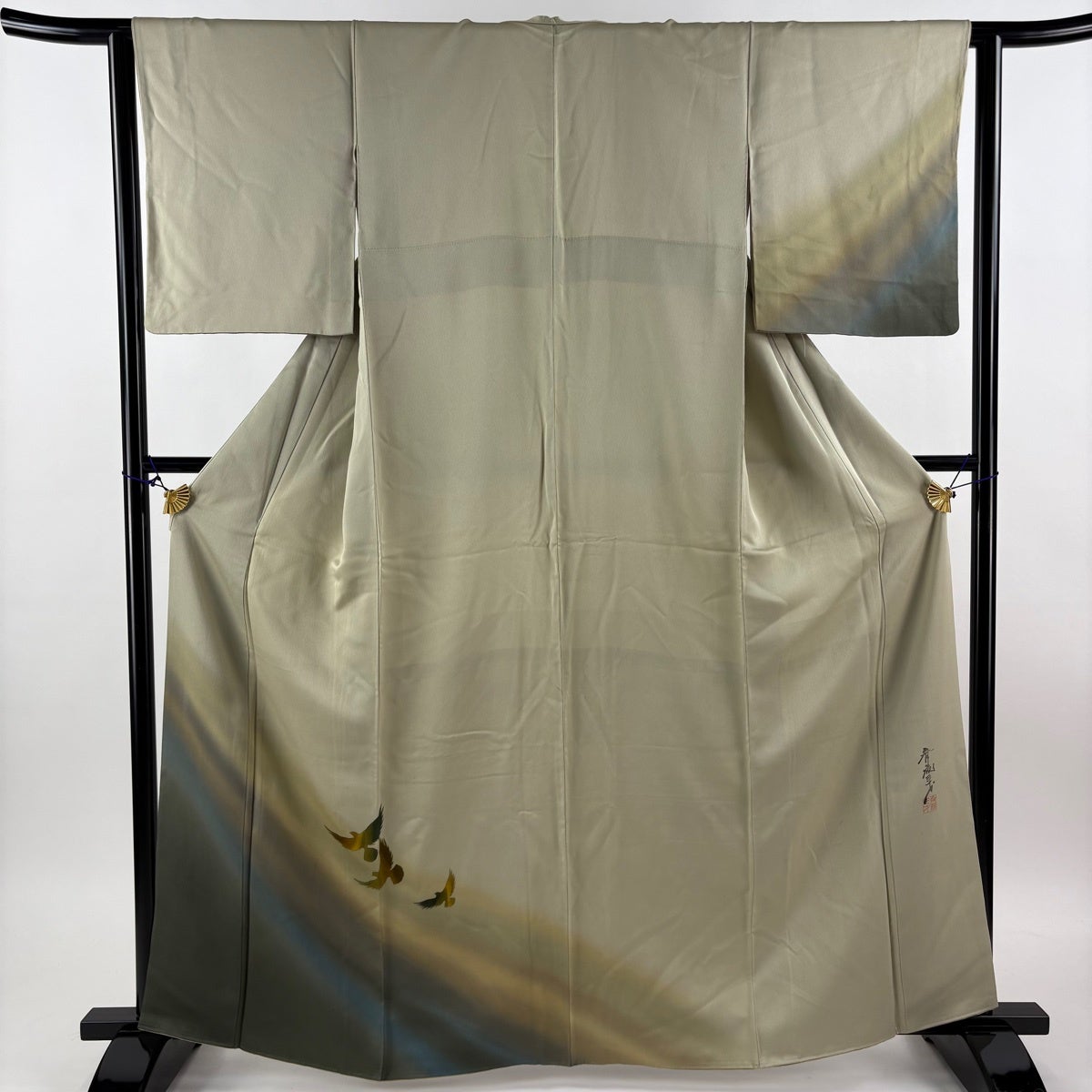 付下げ 身丈164cm 裄丈63cm S 袷 斉藤三才 落款あり 鳥 染め分け
