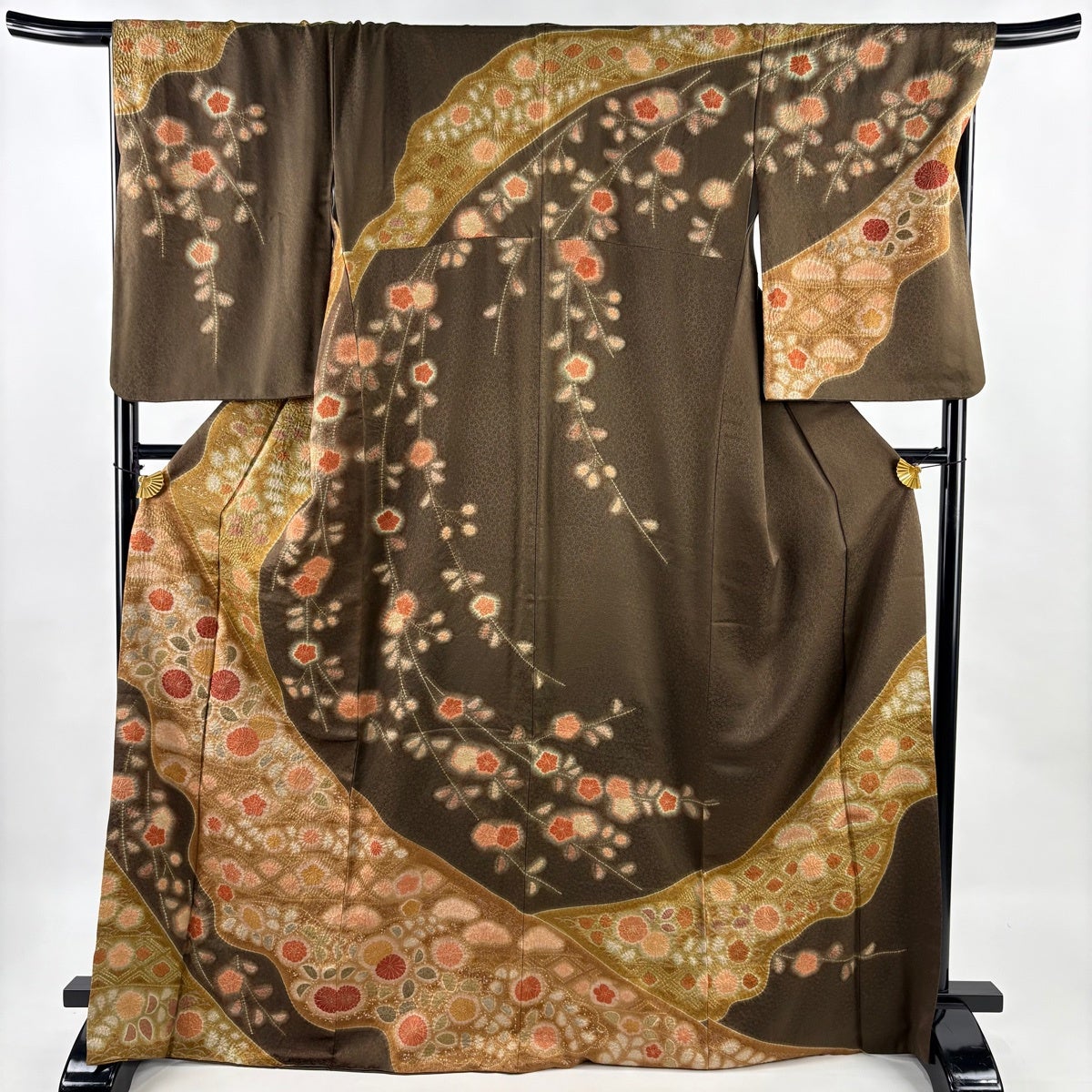 振袖 身丈156cm 裄丈68cm L 袷 蝶 花丸紋 金糸 染分け 鶯色 正絹 秀品 