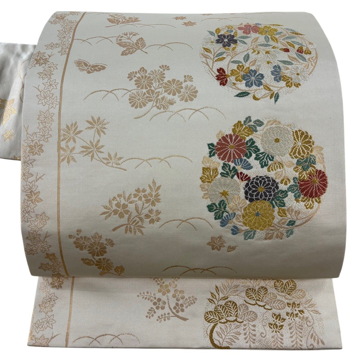 名古屋帯 優品 草花 幾何学模様 金彩 箔 クリーム 正絹｜中古・古着