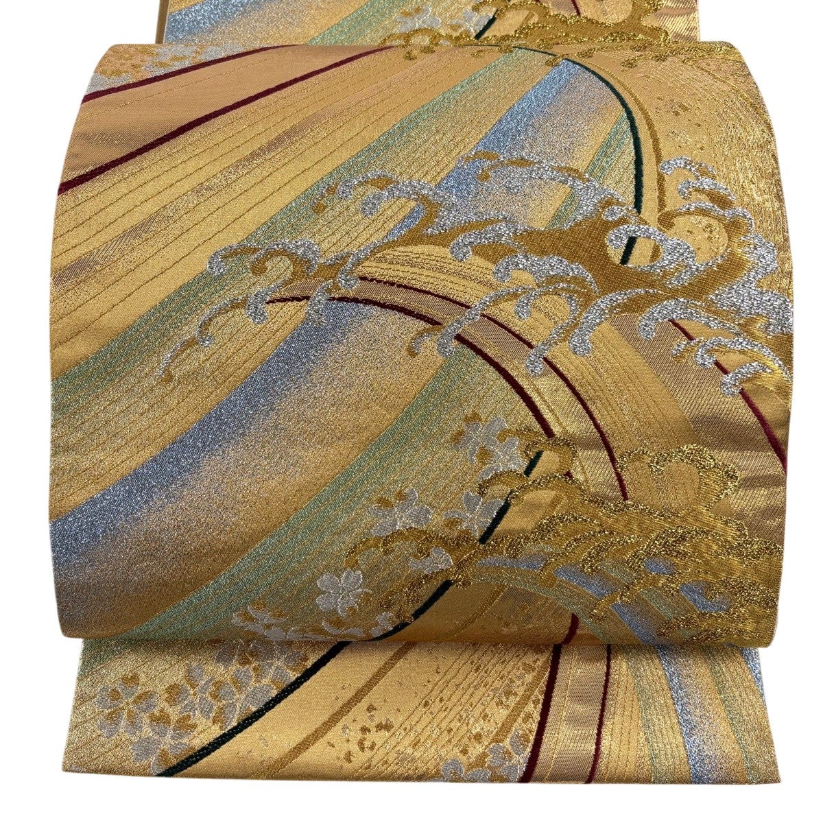 美品】 袋帯 名品 桜 金糸 薄黄土色 六通 正絹｜中古・古着