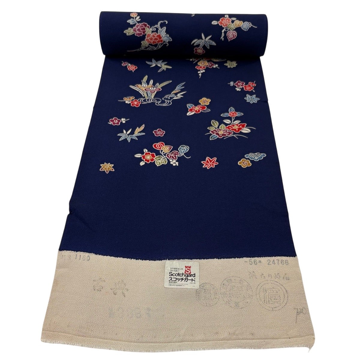 反物 秀品 小紋 落款 草花 建物 縮緬 草木染 紺色 正絹｜中古・古着