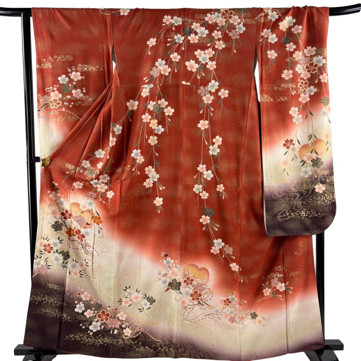 ◎mk-0006　振袖　身丈174　裄69　金駒刺繍　　8-17 振袖 身丈161cm 裄丈67.5cm L 袷 やまと 落款あり 枝梅 鼓 金彩 ぼかし