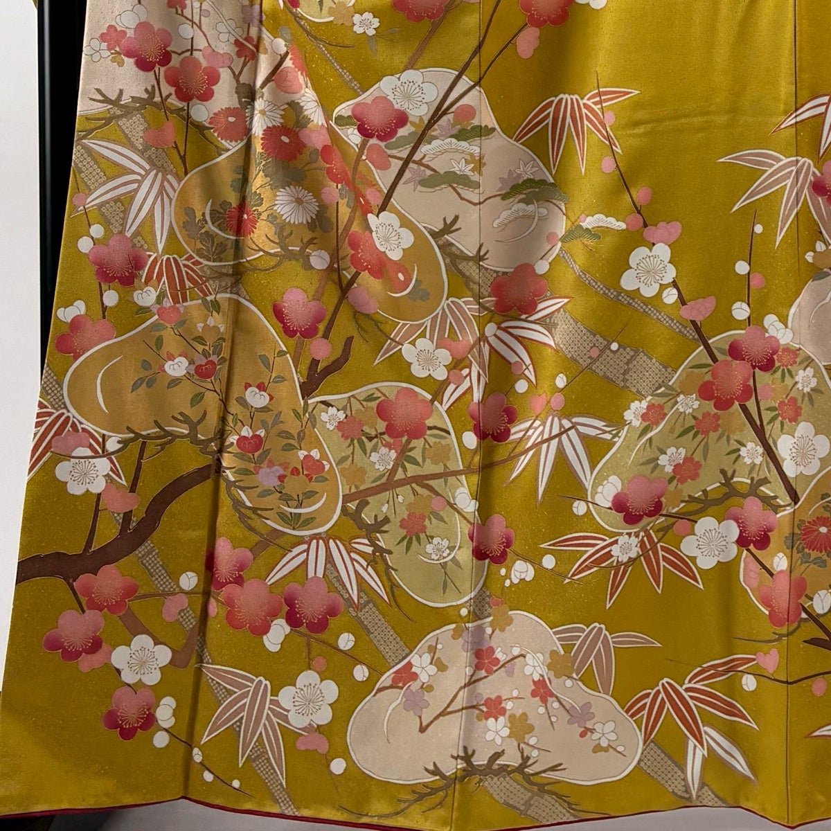 振袖 身丈165cm 裄丈66cm M 袷 桜 松竹梅 金彩 山吹色 正絹 秀品｜中古